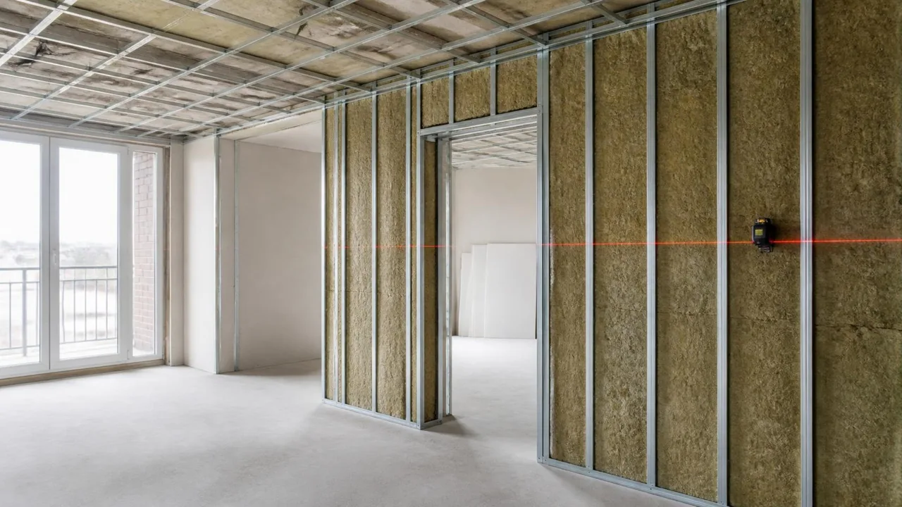 Estrutura de drywall com perfis alinhados e isolamento