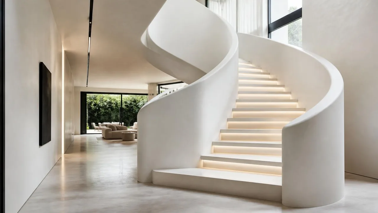 Escada escultural revestida em drywall com iluminação embutida